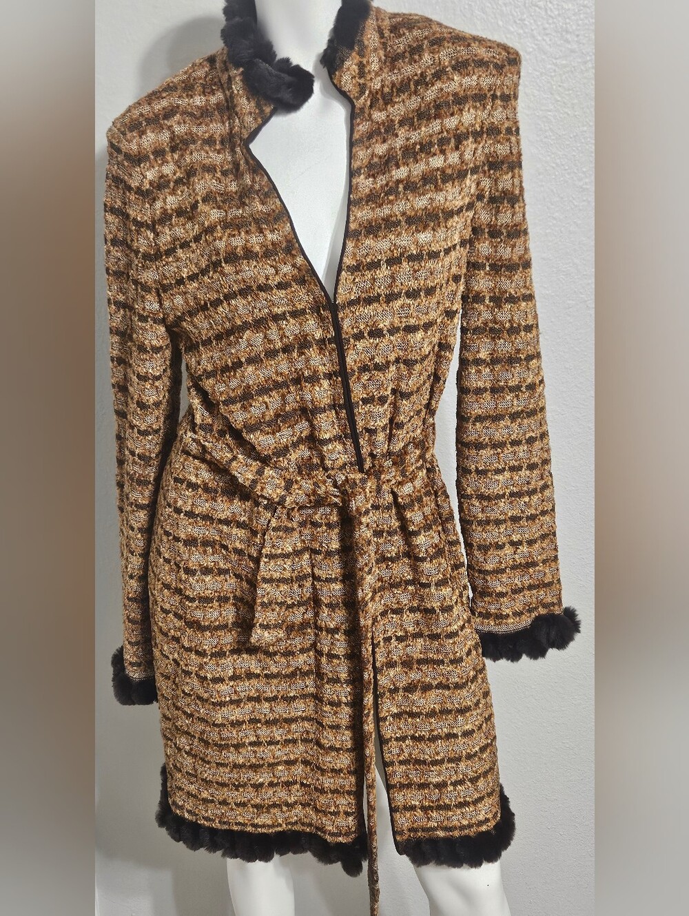 Vintage St John knit coat jacket multi brown with fur trim and belt Size L